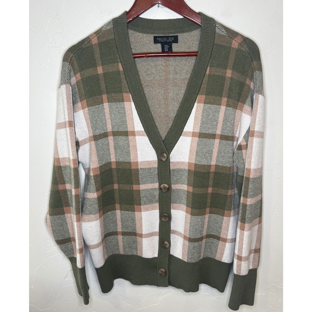 Rachel Zoe Olive Green Plaid‎ Button Front V-Neck Cardigan Sweater Womens Medium